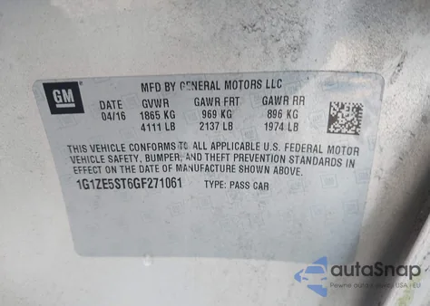 2016 Chevrolet Malibu 1Lt z USA, uszkodzony, nr VIN 1G1ZE5ST6GF271061